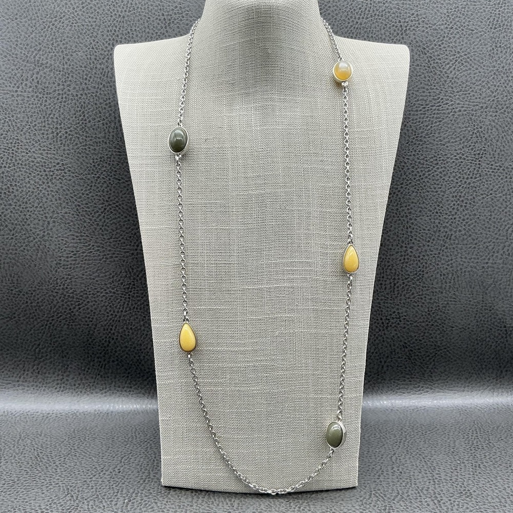 LOFT Long Silver Tone Chain Necklace Yellow Green Cabochon Station Jewelry 26"